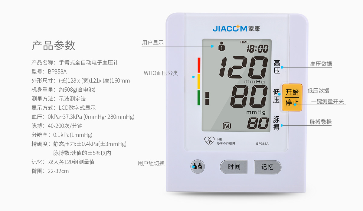 BP358A手臂式全自動電子血壓計產(chǎn)品參數(shù)